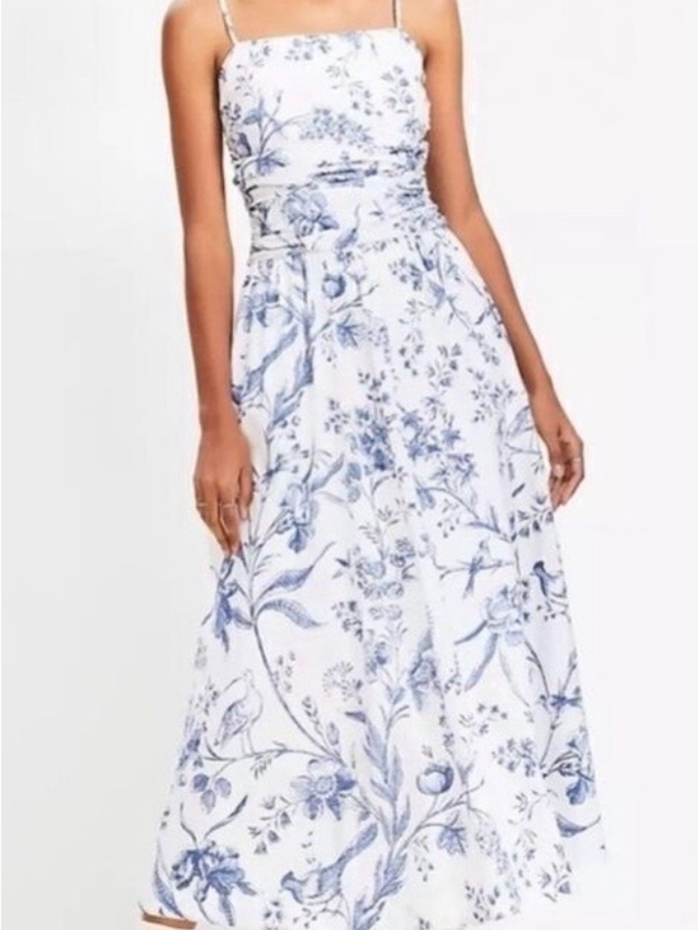 LOFT Bird Toile Strappy Midi Pocket Dress Blue White Size 4